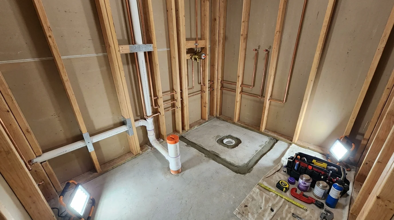 Bathroom rough-in plumbing during remodel by Johns Plumbing LLC in Redford