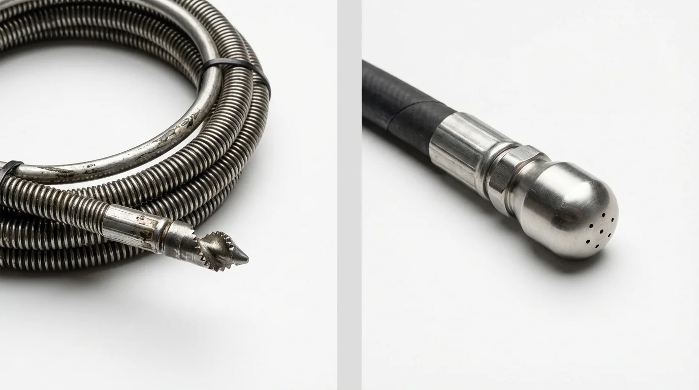 Drain snake cable and hydro jetting nozzle used for drain cleaning in Redford, MI