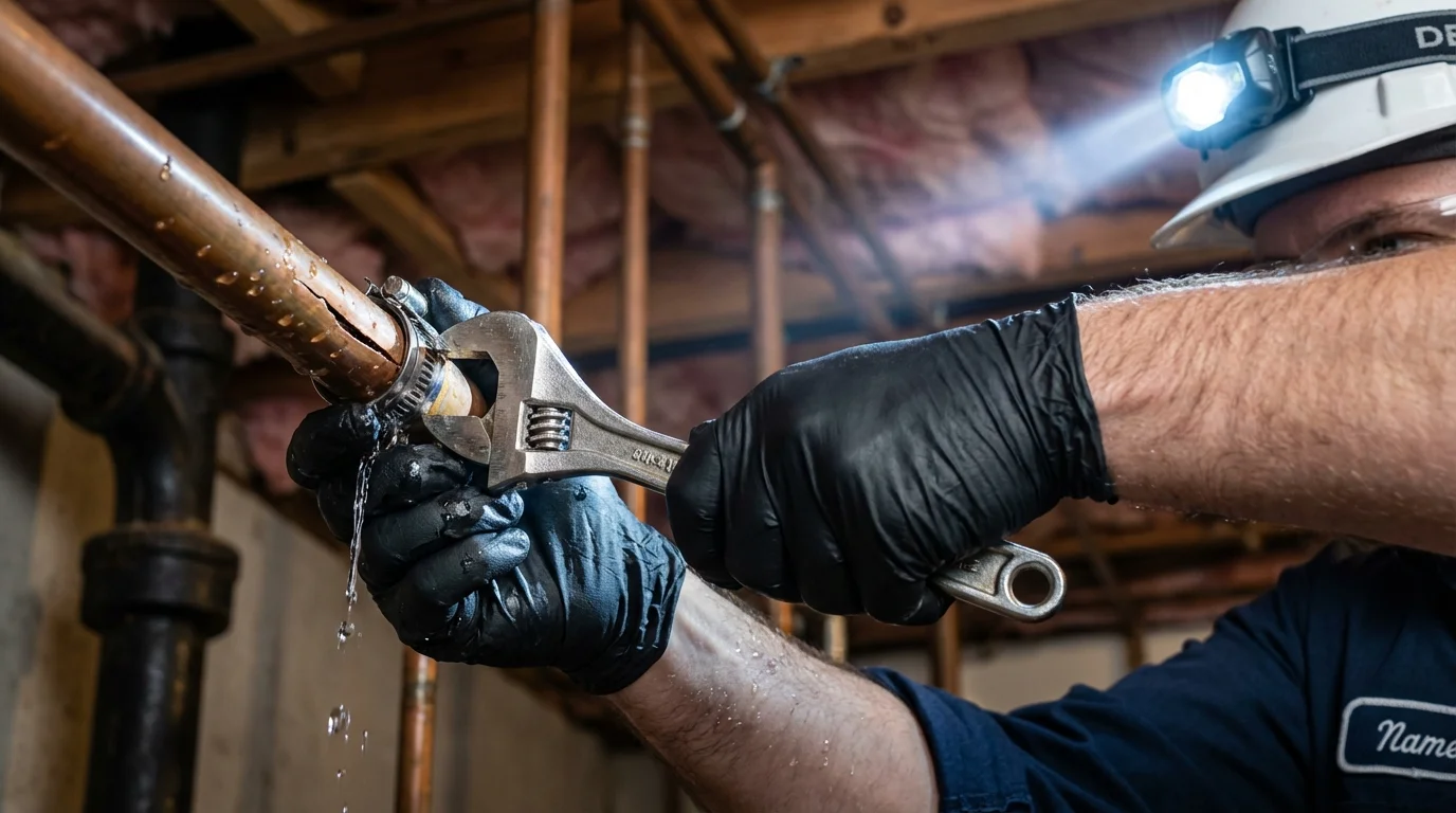 Emergency pipe clamp repair being performed by a Johns Plumbing LLC plumber in Redford