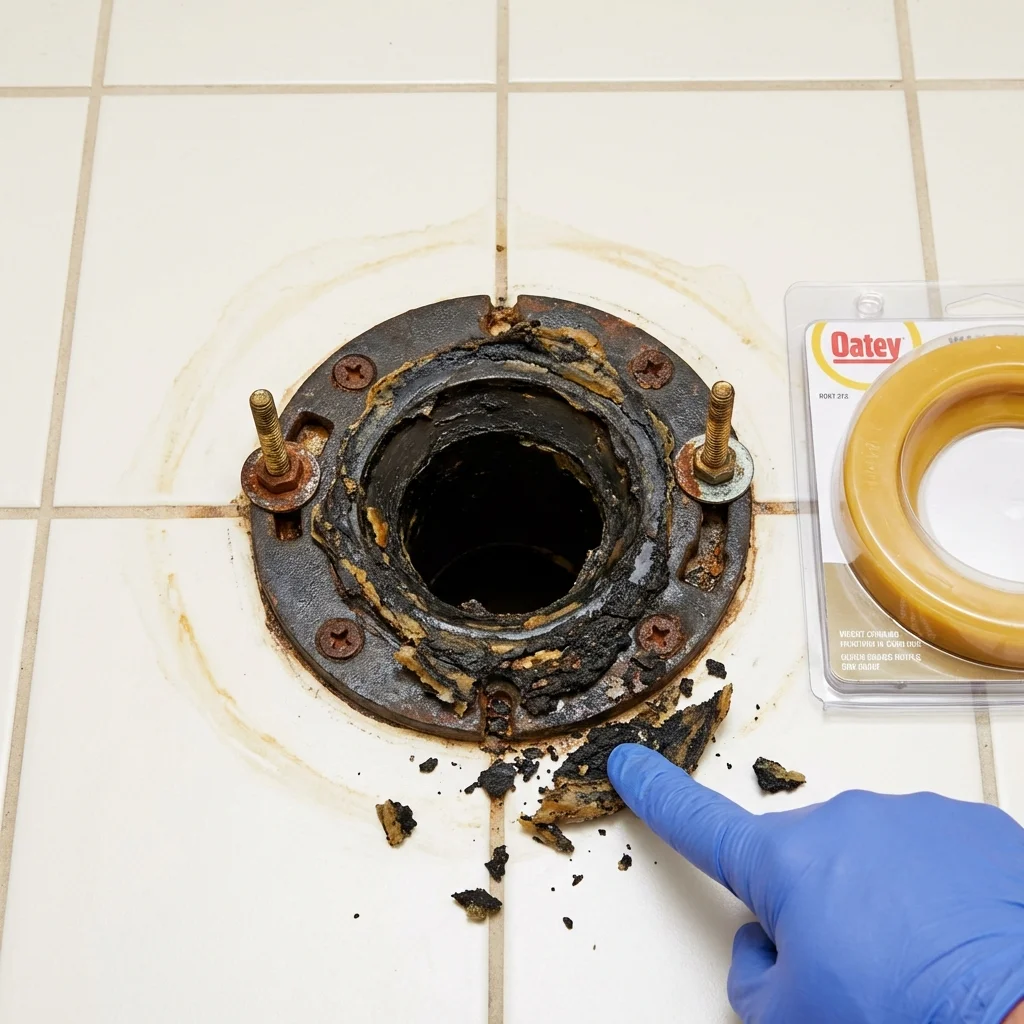 Failed wax ring showing water seepage at the base of a toilet in a Redford, MI home
