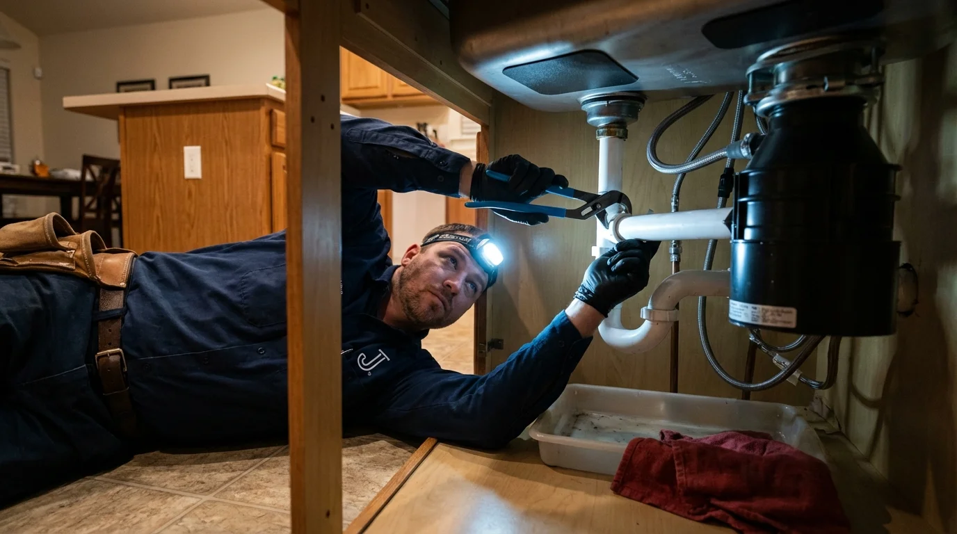 P-trap and supply line connections under a kitchen sink showing a common leak point in Redford, MI